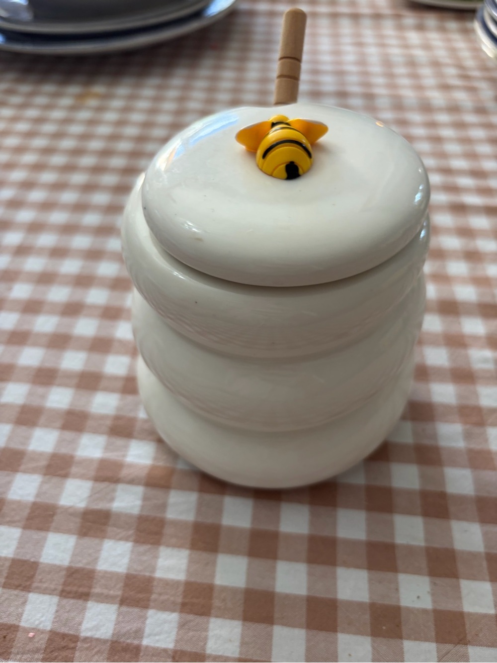 White Ceramic Honey Jar with Bee Lid Accent - Picture 1 of 11